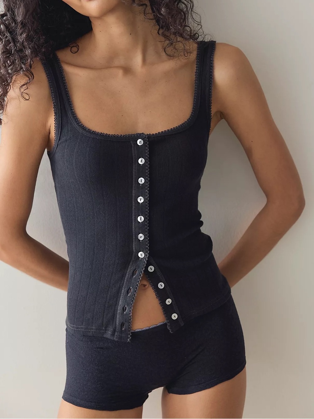Free People End Game Pointelle Tank Top, Black - Small
